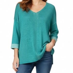 Chico's‎ Teal Aqua Blue 3/4 Sleeve V-Neck Lightweight Pullover Sweater 3 XL 16